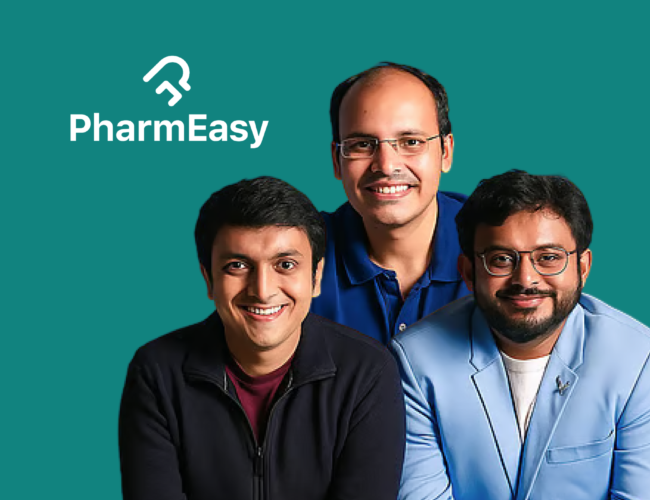 The three founders of PharmEasy smiling together against a teal background, positioned below the white PharmEasy logo.