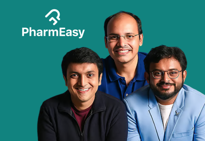 The three founders of PharmEasy smiling together against a teal background, positioned below the white PharmEasy logo.