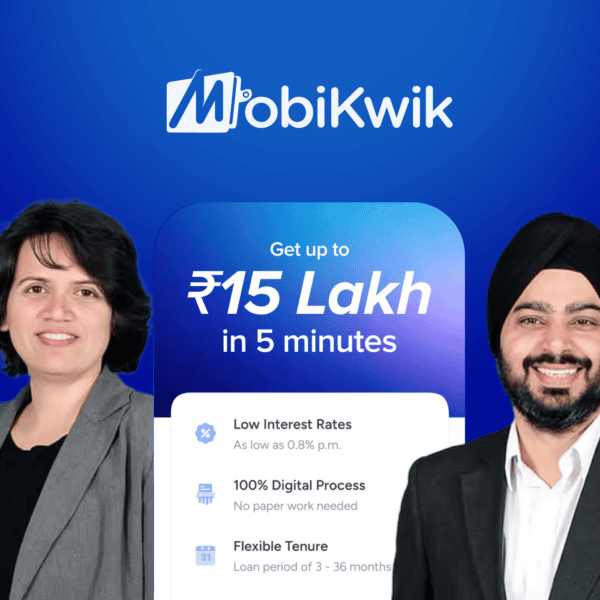 MobiKwik promotional banner featuring founders Upasana Taku and Bipin Preet Singh in business attire next to an app screen advertising loans up to ₹15 Lakh in 5 minutes.