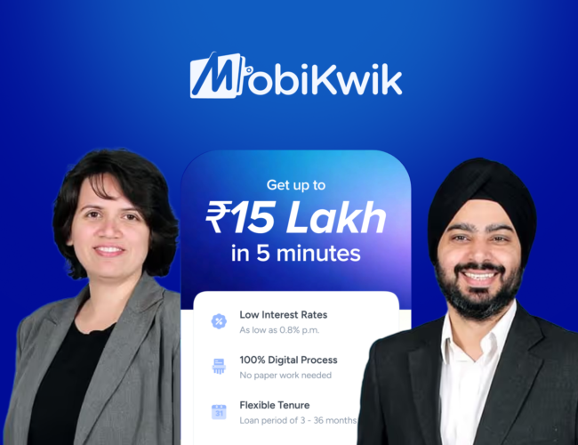 MobiKwik promotional banner featuring founders Upasana Taku and Bipin Preet Singh in business attire next to an app screen advertising loans up to ₹15 Lakh in 5 minutes.