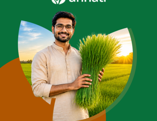 A smiling farmer holding a bundle of green seedlings inside a leaf-shaped frame, positioned below the white Unnati company logo.