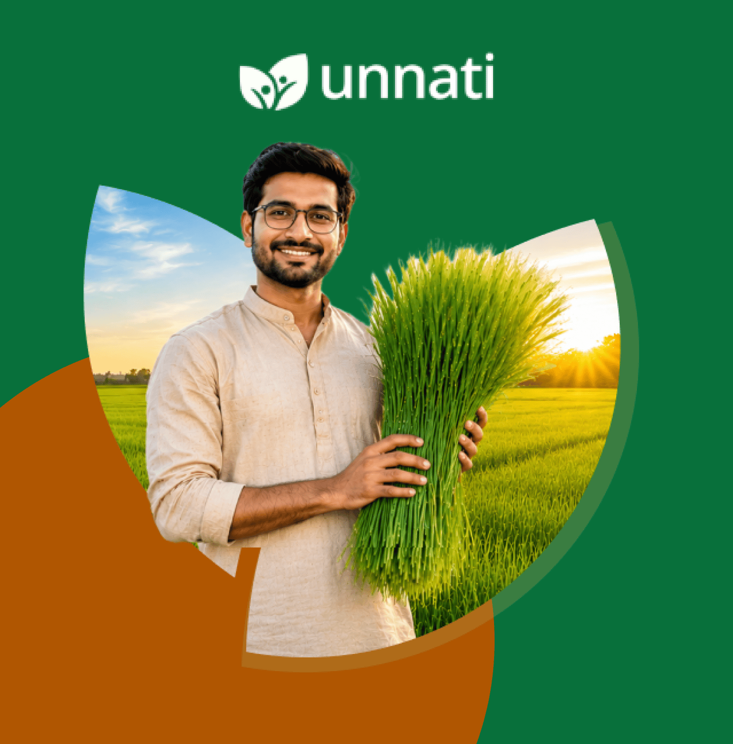 A smiling farmer holding a bundle of green seedlings inside a leaf-shaped frame, positioned below the white Unnati company logo.