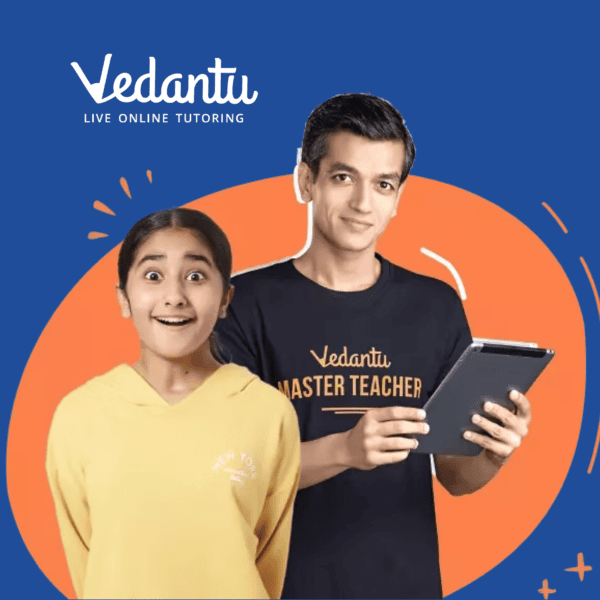 A graphic on a blue background with the Vedantu 'Live Online Tutoring' logo in the top left. In the center, standing in front of a large orange circular shape, is a young girl in a yellow hoodie with a highly surprised and excited expression. Next to her stands a smiling man holding a digital tablet and wearing a dark t-shirt that reads 'Vedantu Master Teacher'.