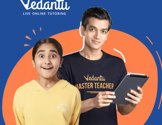 A graphic on a blue background with the Vedantu 'Live Online Tutoring' logo in the top left. In the center, standing in front of a large orange circular shape, is a young girl in a yellow hoodie with a highly surprised and excited expression. Next to her stands a smiling man holding a digital tablet and wearing a dark t-shirt that reads 'Vedantu Master Teacher'.