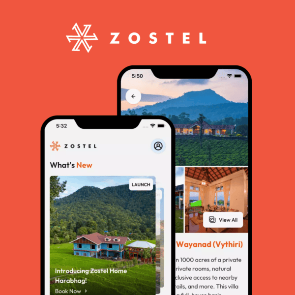 The Zostel logo above two overlapping smartphone mockups displaying the Zostel app interface and property listings.