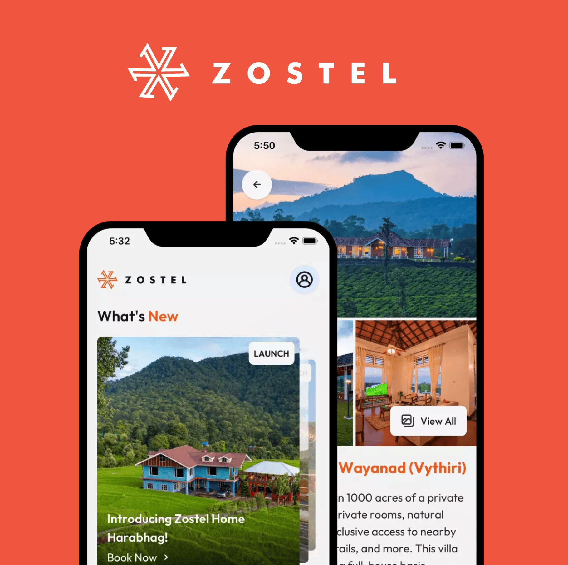 The Zostel logo above two overlapping smartphone mockups displaying the Zostel app interface and property listings.