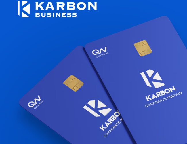 The white Karbon Business logo above two overlapping blue Karbon Corporate Prepaid cards with gold chips.