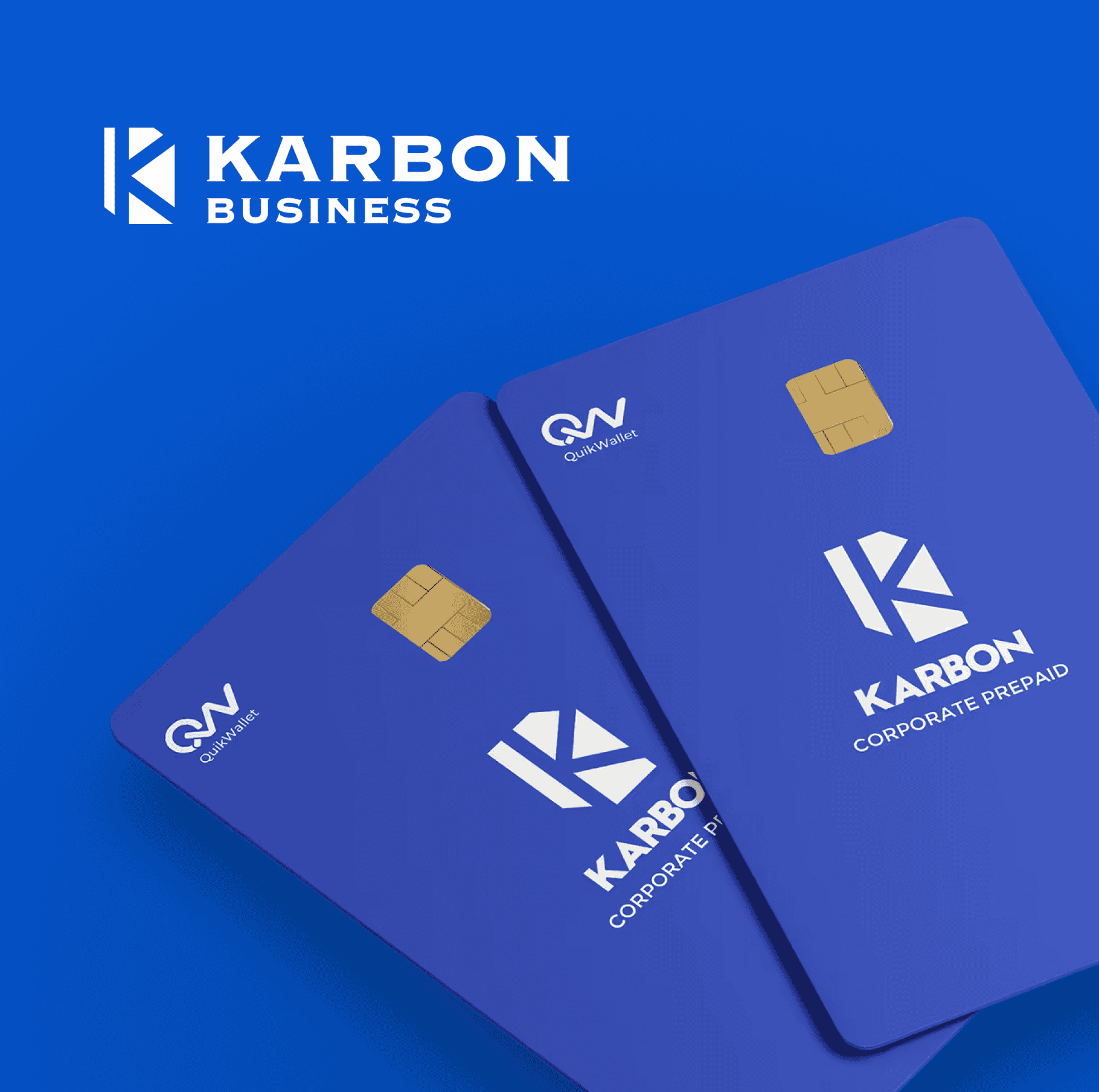 The white Karbon Business logo above two overlapping blue Karbon Corporate Prepaid cards with gold chips.