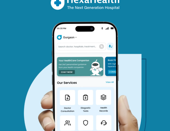 A person’s hand holds a smartphone against a teal and white geometric background. The phone screen displays the HexaHealth mobile app interface. At the top of the entire image are the HexaHealth logo and text: "HexaHealth" and "The Next Generation Hospital". The phone screen itself shows a search bar, location "Gurgaon", and a featured card titled "Your HealthCare Companion" with an AI robot character and text that reads "Get 24x7 personalized guidance from your health companion. CHAT NOW". Next to it, another partial card says "Book FREE Consultation". An "Our Services" section below features a grid of six distinct icons with labels: Doctor Consultation (person icon with cross) Diagnostic Tests (clipboard with cross icon) Health Records (stacked pages icon) Second Opinion (two people icon with back arrow) Medical Loan (medical shield with currency symbol icon) Insurance Assistance (headset with shield icon)