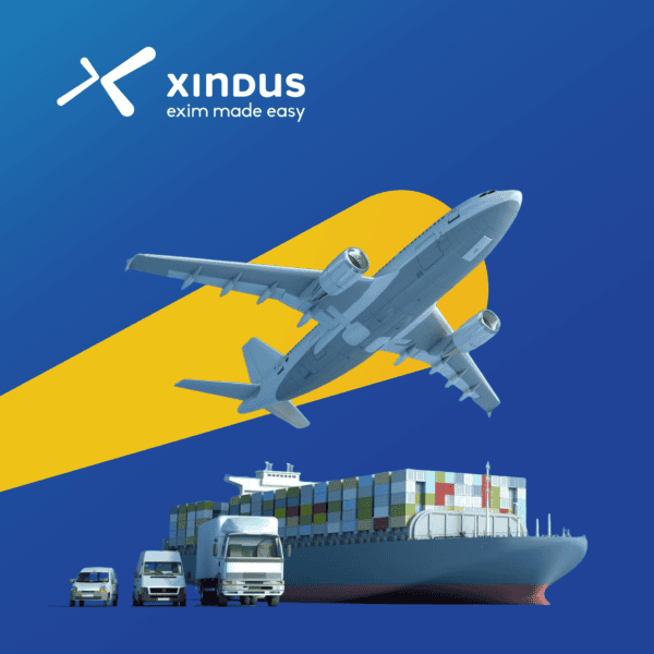 The Xindus logo and tagline 'exim made easy' above an airplane, cargo ship, and delivery vehicles representing global logistics.