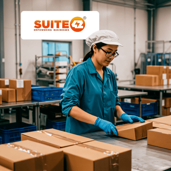 A worker wearing a blue lab coat, gloves, and a hairnet packs cardboard boxes in a facility, with the Suite42 logo overlaid in the top left corner.