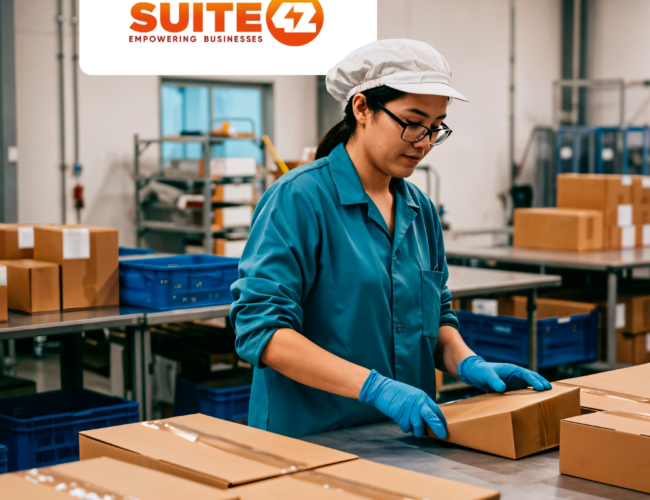 A worker wearing a blue lab coat, gloves, and a hairnet packs cardboard boxes in a facility, with the Suite42 logo overlaid in the top left corner.