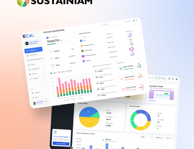 The Sustainiam company logo positioned above two overlapping software dashboard interfaces displaying carbon emissions and project tracking metrics.