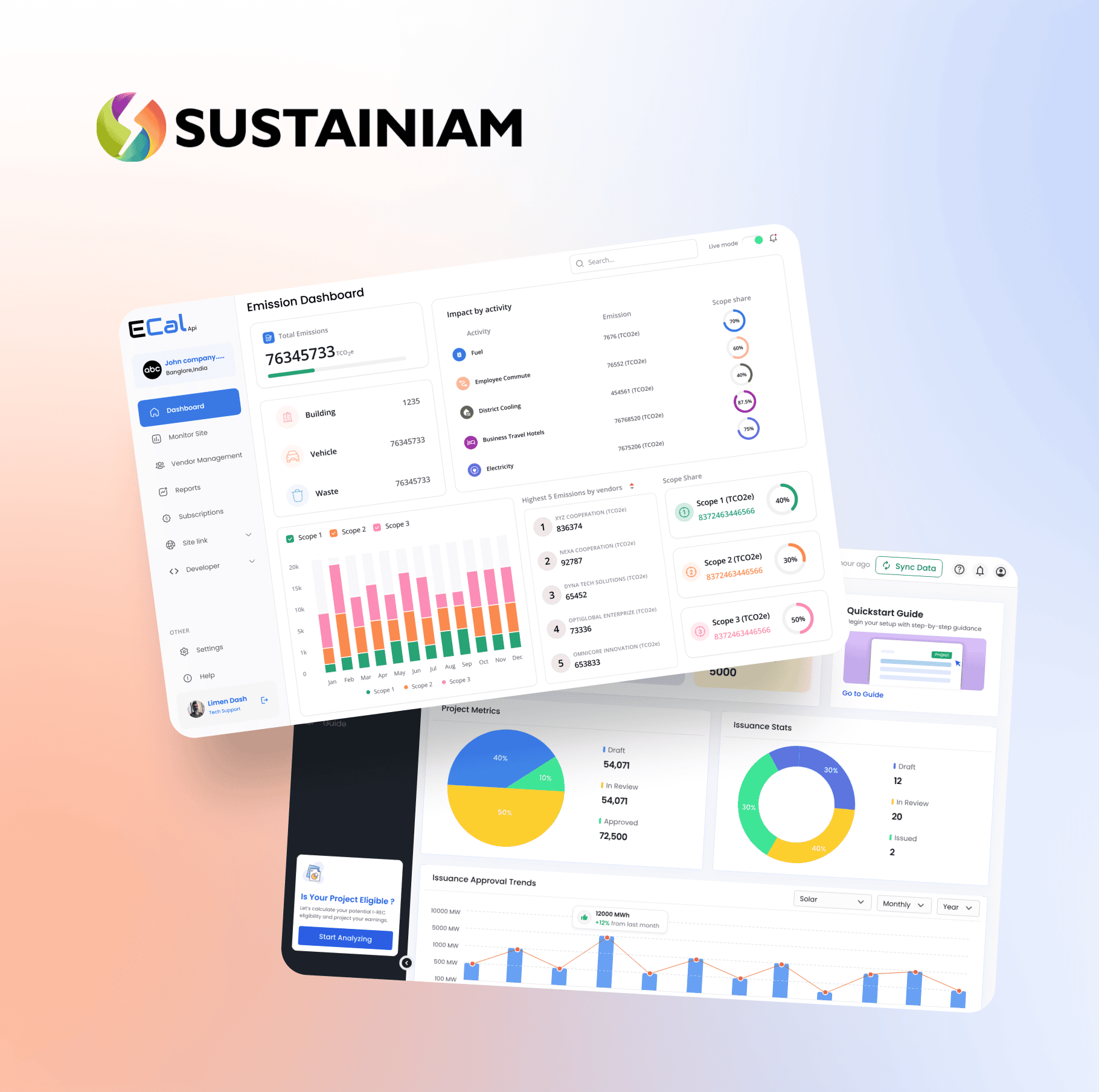The Sustainiam company logo positioned above two overlapping software dashboard interfaces displaying carbon emissions and project tracking metrics.