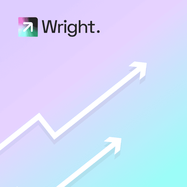 The Wright company logo above two white upward-trending arrows on a soft pastel gradient background.