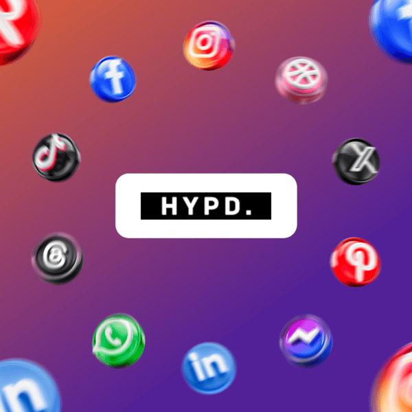 The word 'HYPD.' in black text on a white badge, surrounded by floating 3D icons of various social media platforms set against a purple and orange gradient background.