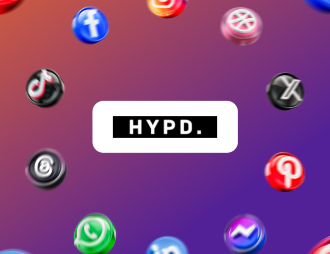 The word 'HYPD.' in black text on a white badge, surrounded by floating 3D icons of various social media platforms set against a purple and orange gradient background.
