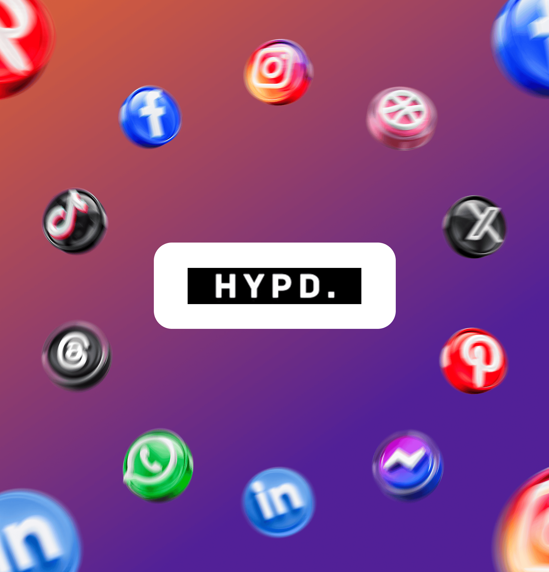 The word 'HYPD.' in black text on a white badge, surrounded by floating 3D icons of various social media platforms set against a purple and orange gradient background.