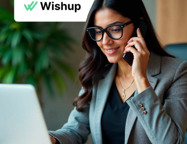 A professional woman smiling while talking on her phone and looking at a laptop, with the Wishup logo in the top left corner.