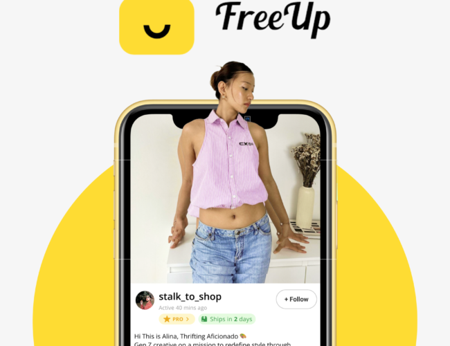 A promotional graphic featuring the yellow FreeUp smiling logo at the top. Below is a smartphone mockup set against a large yellow circular background. The phone screen displays a seller profile for 'stalk_to_shop' showing a woman wearing a pink striped top and blue jeans. Below the image is the seller's bio emphasizing sustainable fashion, 'PRO' status, a 2-day shipping badge, 234 followers, 2 items sold, and a 5.00-star rating